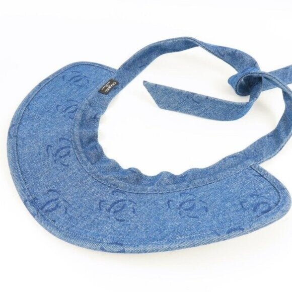 Chanel CC Denim Hat Sun Visor Ribbon Tie Wide Brim Bucket Cap Vintage